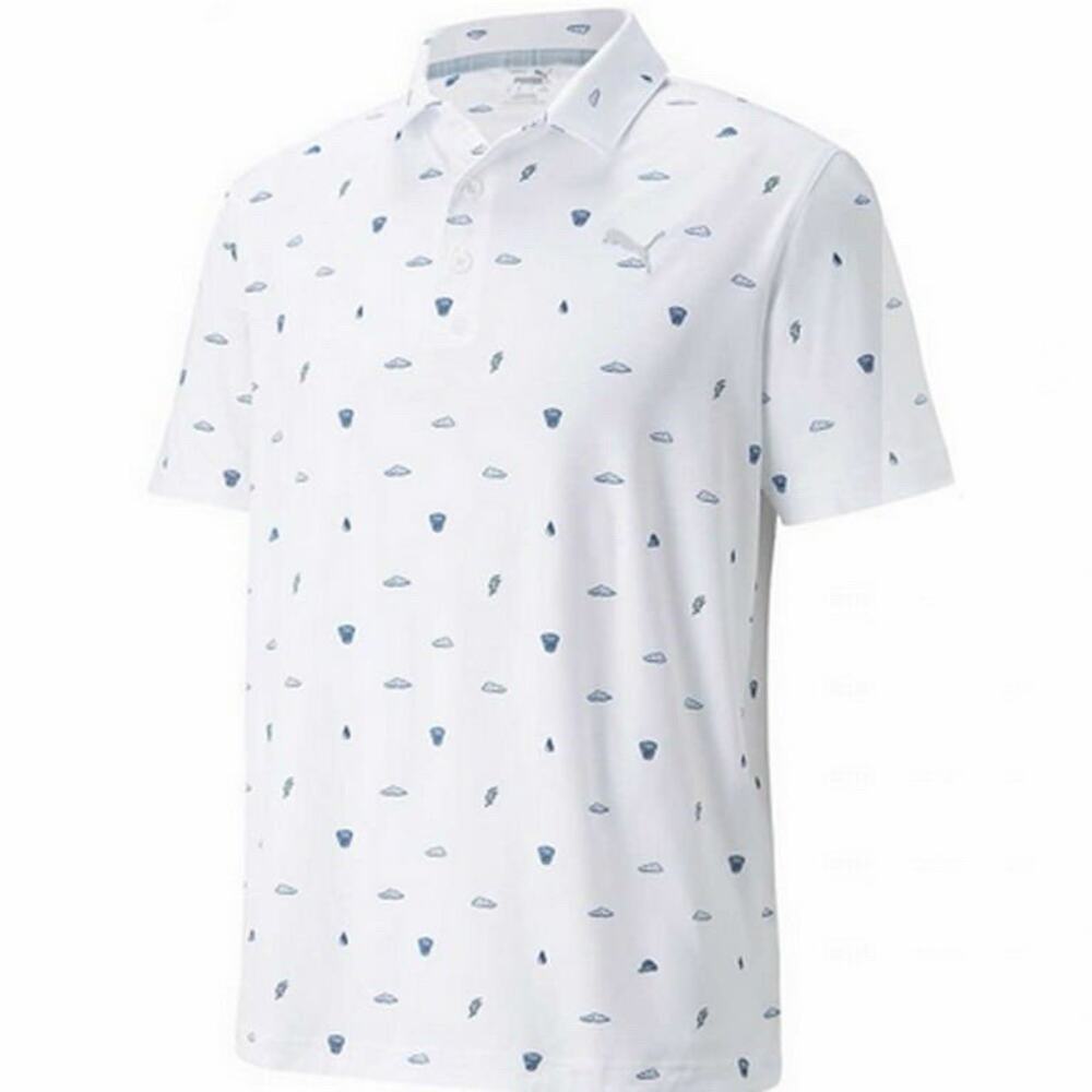 PUMA Men's MATTR Pouring Buckets Polo Shirt in Bright White/Cobalt SZ XLarge